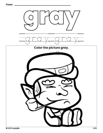 Free St. Patrick's Day leprechaun color gray coloring page and color worksheet, gray worksheet for preschoolers to learn colors, printable PDF