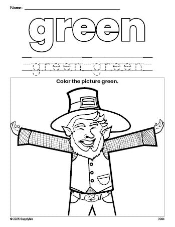 Free St. Patrick's Day leprechaun color green coloring page and color worksheet, green worksheet for preschoolers to learn colors, printable PDF