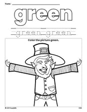 Free St. Patrick's Day leprechaun color green coloring page and color worksheet, green worksheet for preschoolers to learn colors, printable PDF