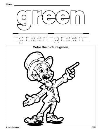 Free St. Patrick's Day leprechaun color green coloring page and color worksheet, green worksheet for preschoolers to learn colors, printable PDF