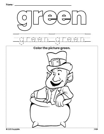 Free St. Patrick's Day leprechaun color green coloring page and color worksheet, green worksheet for preschoolers to learn colors, printable PDF