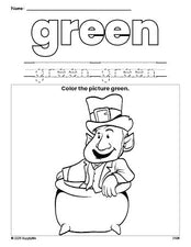 Free St. Patrick's Day leprechaun color green coloring page and color worksheet, green worksheet for preschoolers to learn colors, printable PDF