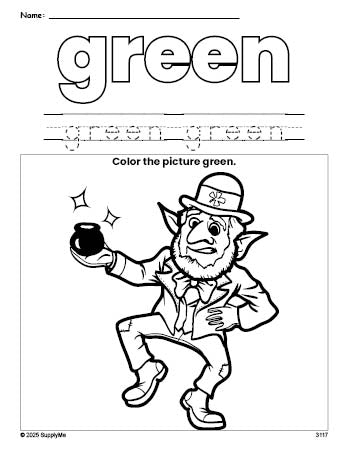 Free St. Patrick's Day leprechaun color green coloring page and color worksheet, green worksheet for preschoolers to learn colors, printable PDF