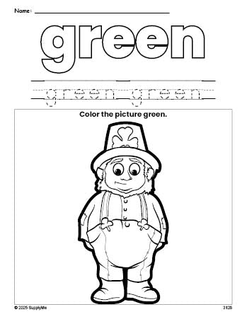 Free St. Patrick's Day leprechaun color green coloring page and color worksheet, green worksheet for preschoolers to learn colors, printable PDF