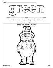 Free St. Patrick's Day leprechaun color green coloring page and color worksheet, green worksheet for preschoolers to learn colors, printable PDF