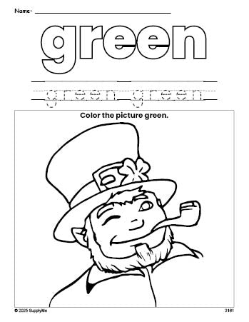 Free St. Patrick's Day leprechaun color green coloring page and color worksheet, green worksheet for preschoolers to learn colors, printable PDF