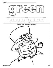 Free St. Patrick's Day leprechaun color green coloring page and color worksheet, green worksheet for preschoolers to learn colors, printable PDF