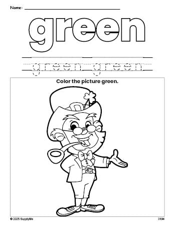 Free St. Patrick's Day leprechaun color green coloring page and color worksheet, green worksheet for preschoolers to learn colors, printable PDF