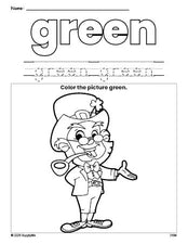 Free St. Patrick's Day leprechaun color green coloring page and color worksheet, green worksheet for preschoolers to learn colors, printable PDF