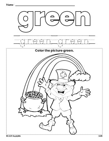 Free St. Patrick's Day leprechaun color green coloring page and color worksheet, green worksheet for preschoolers to learn colors, printable PDF