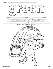 Free St. Patrick's Day leprechaun color green coloring page and color worksheet, green worksheet for preschoolers to learn colors, printable PDF