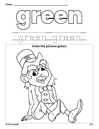 Free St. Patrick's Day leprechaun color green coloring page and color worksheet, green worksheet for preschoolers to learn colors, printable PDF