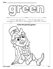 Free St. Patrick's Day leprechaun color green coloring page and color worksheet, green worksheet for preschoolers to learn colors, printable PDF