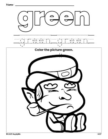 Free St. Patrick's Day leprechaun color green coloring page and color worksheet, green worksheet for preschoolers to learn colors, printable PDF