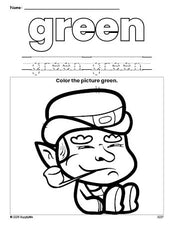 Free St. Patrick's Day leprechaun color green coloring page and color worksheet, green worksheet for preschoolers to learn colors, printable PDF