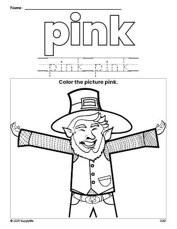 Free St. Patrick's Day leprechaun color pink coloring page and color worksheet, pink worksheet for preschoolers to learn colors, printable PDF