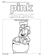 Free St. Patrick's Day leprechaun color pink coloring page and color worksheet, pink worksheet for preschoolers to learn colors, printable PDF