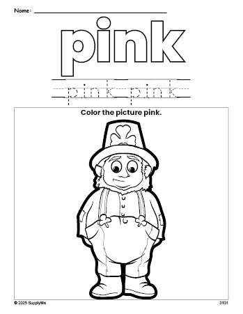 Free St. Patrick's Day leprechaun color pink coloring page and color worksheet, pink worksheet for preschoolers to learn colors, printable PDF