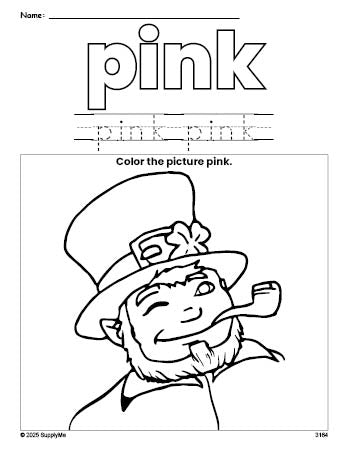 Free St. Patrick's Day leprechaun color pink coloring page and color worksheet, pink worksheet for preschoolers to learn colors, printable PDF