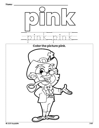 Free St. Patrick's Day leprechaun color pink coloring page and color worksheet, pink worksheet for preschoolers to learn colors, printable PDF