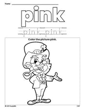 Free St. Patrick's Day leprechaun color pink coloring page and color worksheet, pink worksheet for preschoolers to learn colors, printable PDF