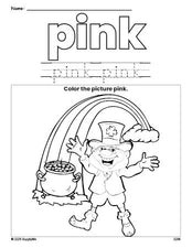 Free St. Patrick's Day leprechaun color pink coloring page and color worksheet, pink worksheet for preschoolers to learn colors, printable PDF