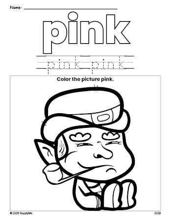 Free St. Patrick's Day leprechaun color pink coloring page and color worksheet, pink worksheet for preschoolers to learn colors, printable PDF