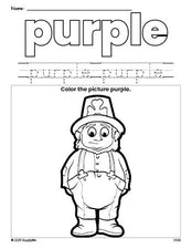 Free St. Patrick's Day leprechaun color purple coloring page and color worksheet, purple worksheet for preschoolers to learn colors, printable PDF