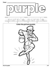 Free St. Patrick's Day leprechaun color purple coloring page and color worksheet, purple worksheet for preschoolers to learn colors, printable PDF