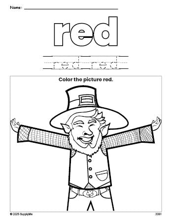 Free St. Patrick's Day leprechaun color red coloring page and color worksheet, red worksheet for preschoolers to learn colors, printable PDF