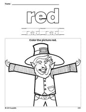 Free St. Patrick's Day leprechaun color red coloring page and color worksheet, red worksheet for preschoolers to learn colors, printable PDF