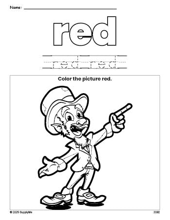 Free St. Patrick's Day leprechaun color red coloring page and color worksheet, red worksheet for preschoolers to learn colors, printable PDF