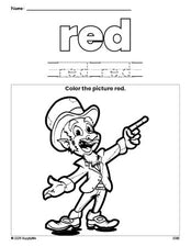 Free St. Patrick's Day leprechaun color red coloring page and color worksheet, red worksheet for preschoolers to learn colors, printable PDF