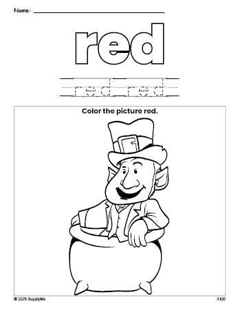 Free St. Patrick's Day leprechaun color red coloring page and color worksheet, red worksheet for preschoolers to learn colors, printable PDF