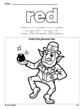 Free St. Patrick's Day leprechaun color red coloring page and color worksheet, red worksheet for preschoolers to learn colors, printable PDF