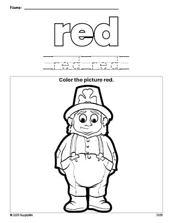 Free St. Patrick's Day leprechaun color red coloring page and color worksheet, red worksheet for preschoolers to learn colors, printable PDF