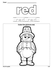 Free St. Patrick's Day leprechaun color red coloring page and color worksheet, red worksheet for preschoolers to learn colors, printable PDF