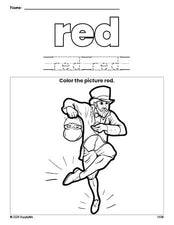 Free St. Patrick's Day leprechaun color red coloring page and color worksheet, red worksheet for preschoolers to learn colors, printable PDF