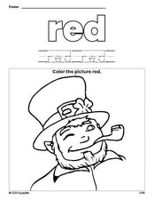 Free St. Patrick's Day leprechaun color red coloring page and color worksheet, red worksheet for preschoolers to learn colors, printable PDF