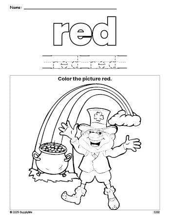 Free St. Patrick's Day leprechaun color red coloring page and color worksheet, red worksheet for preschoolers to learn colors, printable PDF