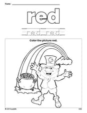 Free St. Patrick's Day leprechaun color red coloring page and color worksheet, red worksheet for preschoolers to learn colors, printable PDF