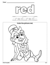 Free St. Patrick's Day leprechaun color red coloring page and color worksheet, red worksheet for preschoolers to learn colors, printable PDF