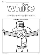 Free St. Patrick's Day leprechaun color white coloring page and color worksheet, white worksheet for preschoolers to learn colors, printable PDF