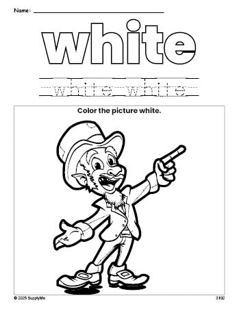 Free St. Patrick's Day leprechaun color white coloring page and color worksheet, white worksheet for preschoolers to learn colors, printable PDF