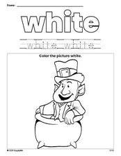 Free St. Patrick's Day leprechaun color white coloring page and color worksheet, white worksheet for preschoolers to learn colors, printable PDF