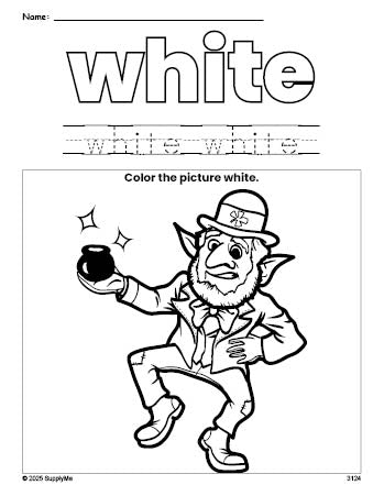 Free St. Patrick's Day leprechaun color white coloring page and color worksheet, white worksheet for preschoolers to learn colors, printable PDF