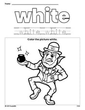 Free St. Patrick's Day leprechaun color white coloring page and color worksheet, white worksheet for preschoolers to learn colors, printable PDF