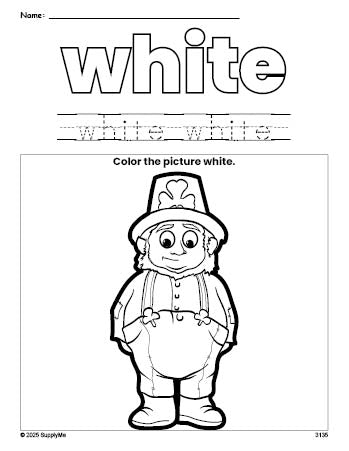 Free St. Patrick's Day leprechaun color white coloring page and color worksheet, white worksheet for preschoolers to learn colors, printable PDF