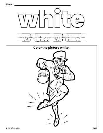 Free St. Patrick's Day leprechaun color white coloring page and color worksheet, white worksheet for preschoolers to learn colors, printable PDF