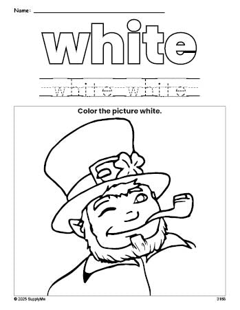 Free St. Patrick's Day leprechaun color white coloring page and color worksheet, white worksheet for preschoolers to learn colors, printable PDF